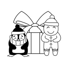 penguin and gingerbread man with gift box on white background