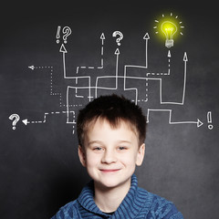 Smiling boy with question signs and light idea bulb, education concept