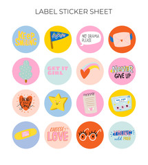 Cute scandinavian characters set including trendy quotes and cool decorative hand drawn elements. Cartoon doodle style illustration for patches, stickers, T-shirt, nursery, kids design. Vector.