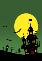 Halloween background material. Castle, bats and grave. ハロウィンの背景素材. 城、コウモリ、墓。