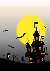 Halloween background material. Castle, bats and grave. ハロウィンの背景素材. 城、コウモリ、墓。