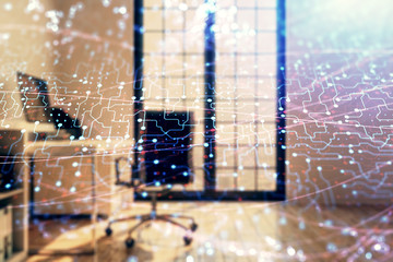 Tech theme abstract hologram and minimalistic cabinet interior background. Double exposure. High...