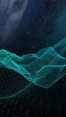 Abstract landscape on a dark background. Cyberspace grid. hi tech network. Outer space. Vertical orientation. Starry outer space texture. 3D illustration