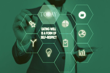 Text sign showing Eating Well Is A Form Of Self Respect. Business photo text a quote of promoting...