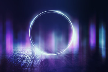 Empty background scene. Dark street reflection on wet asphalt. Rays of neon light in the dark, neon figures, smoke. Background of empty stage show. Abstract dark background.