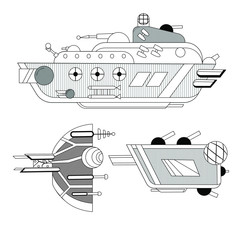 Warships, space fleet. Three spaceships on alert.