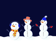 Three snowmen in different hats with carrot noses. Snowmen in funny hats.