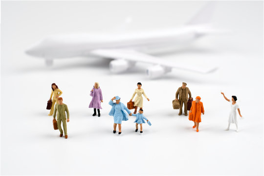 Miniature People Travel With Airplane Walking To Airport When Arriving Destination, Travelling Concept