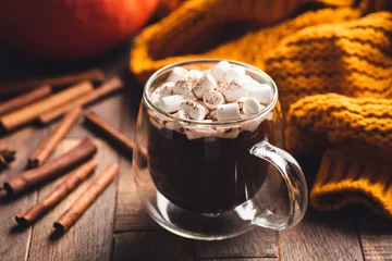 Poster Hot chocolate in mug with marshmallows and cinnamon on wooden table. Double bottom glass mug with hot chocolate, warming cozy winter and autumn season beverage © Vladislav Noseek