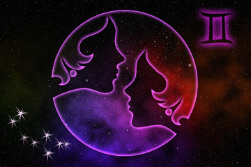 The astrological sign of the zodiac is Gemini, against the background of outer space. Illustration.