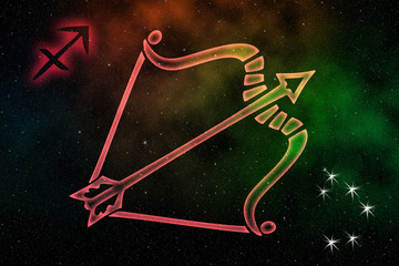 The astrological sign of the zodiac is Sagittarius, against the background of outer space....