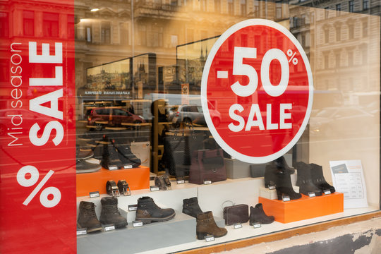 10/21/2019 Russia. Saint Petersburg. A sign in a shoe store about a 50% discount. Black friday and sale concept.