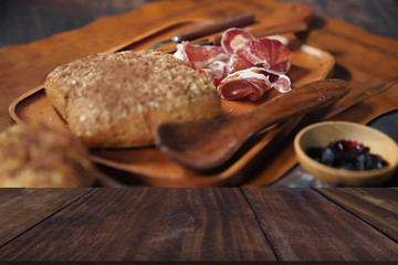 dried prunes, bacon, bread pastry bakery. baked food