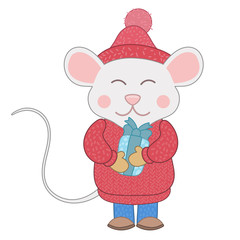 Christmas mouse with a gift in hand. 2020 symbol. Vector on a white background