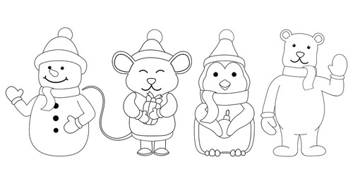 Christmas coloring Polar bear snowman mouse with a paddock and penguin. isolated on white background vector