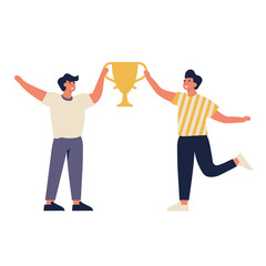 Vector illustration young joyful men with champion cup isolated on white background. Successful team celebrating victory and rejoicing together.