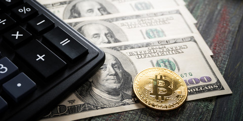 Fototapeta premium Bitcoin golden coin New virtual money and dollar background