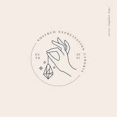 Vector design linear template logo or emblem - hand holding a crystal. Abstract symbol for cosmetics and packaging or beauty products.