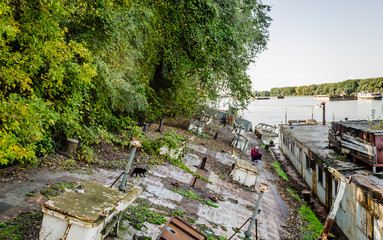 Novi Sad, Serbia - September 29. 2019: The wreck of the tanker at the Danube River in Novi Sad