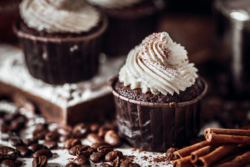 Chocolate cupcake on a table among coffee beans and cinnamon