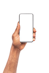 Black man's hand demonstrating modern frameless smartphone with blank screen