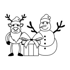 snowman and reindeer with gift box on white background