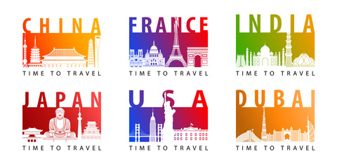Bundle of famous landmark silhouette modern style with bright gradient flag color