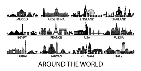 famous landmark of country in Asia Europe and America silhouette style with black and white classic color design include by country name