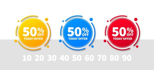 Sale tags set vector badges template, up to 10, 20, 30, 40, 50, 60, 70, 80, 90 percent off. Templates ready for use in advertising design, web and print design. Trendy banners of yellow, blue, red.