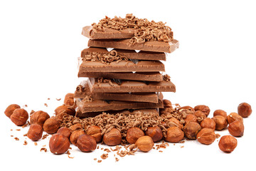 Chocolate tiles and nuts on white background