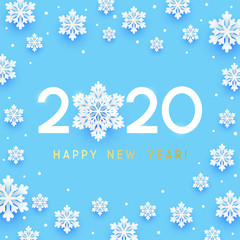Fototapeta na wymiar New Year concept - 2020 numbers on blue background with paper snowflakes for winter holidays design