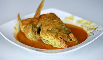 Snapper head gulai (curry) on white background. Gulai is type of food containing rich, spicy and succulent curry.