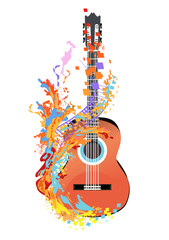 Fototapeta premium Plakat abstrakcyjny z instrumentami muzycznymi ozdobiony kolorowymi plamami. Ręcznie rysowane ilustracji wektorowych.