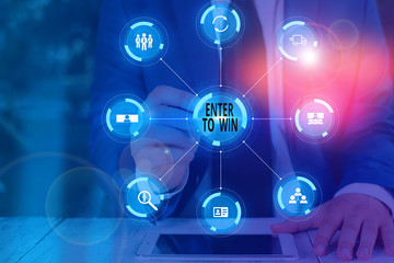Writing note showing Enter To Win. Business concept for exchanging something value for prize or chance of winning Picture photo network scheme with modern smart device