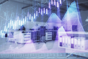 Stock market chart with trading desk bank office interior on background. Double exposure. Concept of financial analysis