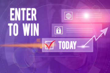 Obraz premium Text sign showing Enter To Win. Business photo text exchanging something value for prize or chance of winning Picture photo system network scheme modern technology smart device