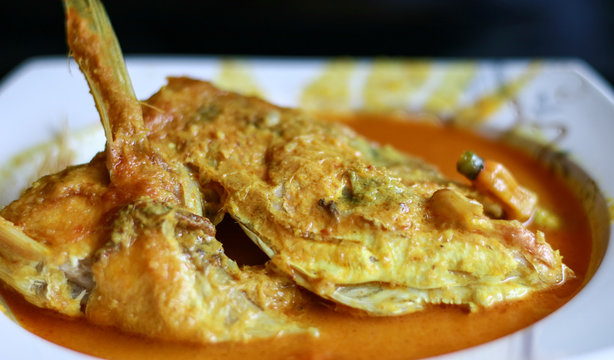 Snapper head gulai (curry) on black background. Gulai is type of food containing rich, spicy and succulent curry.