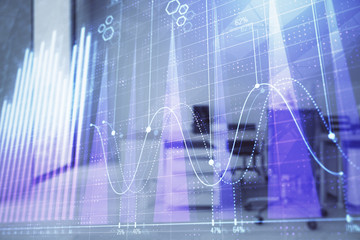 Stock market chart with trading desk bank office interior on background. Double exposure. Concept of financial analysis