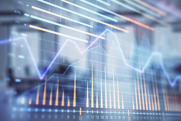 Stock market chart with trading desk bank office interior on background. Double exposure. Concept of financial analysis
