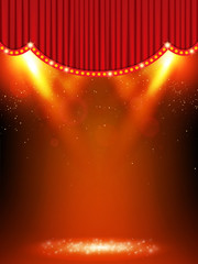 Background with red curtain and spotlights. Design for presentation, concert, show