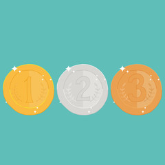 Set of sports medals. Vector illustration sports awards for first, second and third place. Gold, silver and bronze medals.