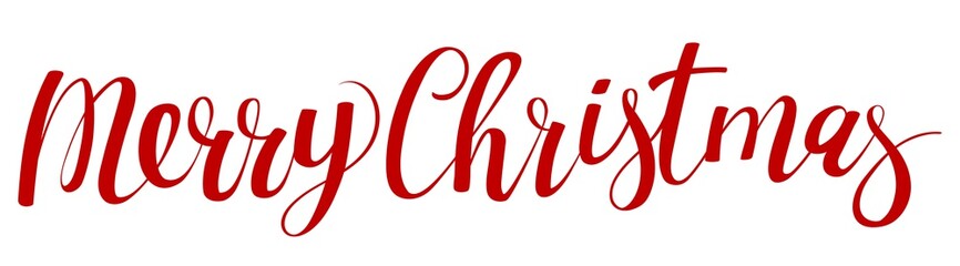 Obraz premium Merry Christmas calligraphic lettering inscription decorated with New Yerar tree. Vector tenplate for Christmas greeting card, banner, web page and mobile app.