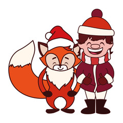 boy and fox with hat of winter in white background