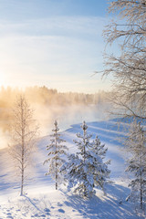 Mist over freezing river on a sunny cold winter day. Trees covered with frost and snow.