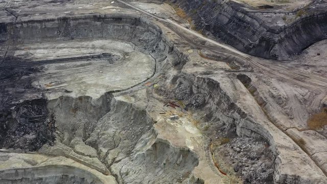 Aerial view of huge open pit brown coal mine (lignite coal quarry), fossil fuel open-cast mining facility - landscape panorama of Turow from above, Bogatynia, Poland, Europe