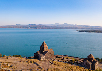 Sevanavank monastery and Sevan lake from aerial view. Old Armenian architecture. Ancient church. Caucasus mountains, Armenia