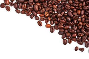 Coffee beans isolated on a white background. Top view. Copy space. Design element.