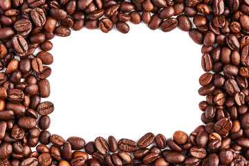 Coffee beans isolated on a white background. Coffee frame. Top view. Copy space. Design element.