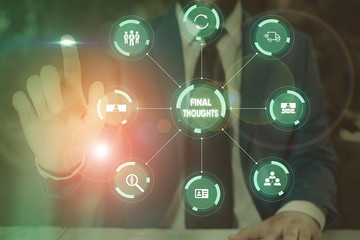 Naklejka premium Text sign showing Final Thoughts. Business photo text the conclusion or last few sentences within your conclusion Picture photo system network scheme modern technology smart device