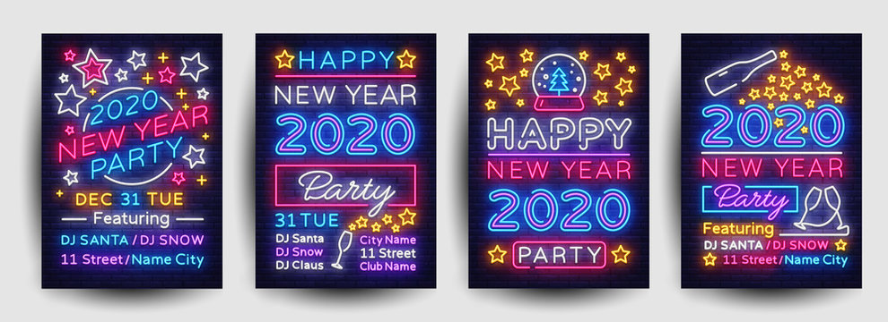 Happy New Year 2020 Party Poster collection neon vector. New Year 2020 celebration design invintation template, Christmas celebration bright neon brochure, typography invitation. Vector